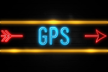 Obraz premium Gps - fluorescent Neon Sign on brickwall Front view