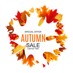Abstract Vector Illustration Autumn Sale Background with Falling Autumn Leaves