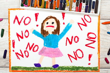 Photo of colorful drawing: Little girl screaming the word NO