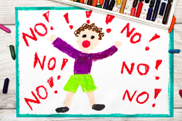 Obraz na płótnie Canvas Photo of colorful drawing: Little boy screaming the word NO