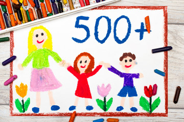 Obraz na płótnie Canvas kolorowy rysunek przedstawiający matkę z dziećmi - program wsparcia dla rodzin PIĘĆSET PLUS, 500+