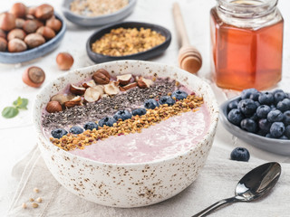 Healthy breakfast. Buckwheat Porridge. Raw buckwheat vegan breakfast smoothie bowl with fresh blueberries, nuts, chia seeds and bee pollen. Clean eating, dieting, detox, vegetarian food concept