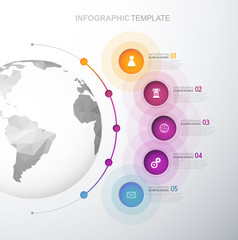 Infographic template with five circles and icons line up beside polygonal map - light version.