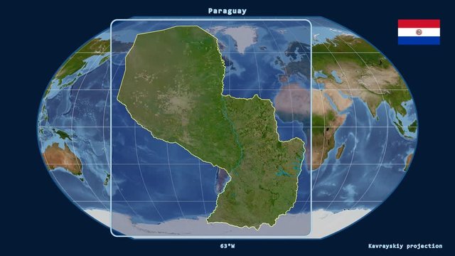 Paraguay - 3D tube zoom (Kavrayskiy VII projection). Satellite