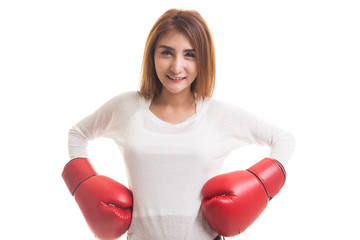 Young Asian woman with red boxing gloves.