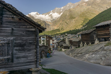 Beautiful mountain village (Saas Fee) in the alps of switzerland with mountains in the background.