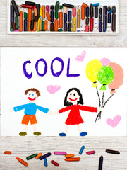 Photo of colorful drawing. Smiling couple and word COOL