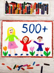 kolorowy rysunek przedstawiający matkę z dziećmi - program wsparcia dla rodzin PIĘĆSET PLUS,...