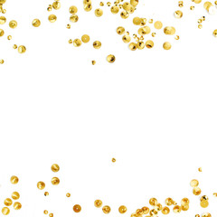 Mock up frame with space for text made of golden confetti on white background. Flat lay, top view. Minimal background.
