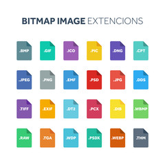Flat style icon set. Bitmap image file type, extencion. Document format. Pictogram. Web and multimedia. Computer technology.