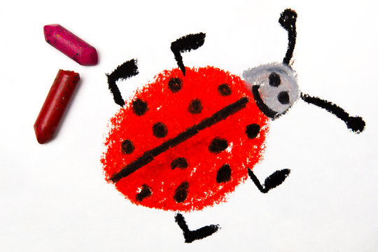 Photo of colorful drawing: Smiling ladybug on white paper background, with crayons.