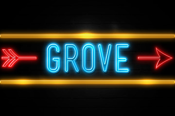 Grove  - fluorescent Neon Sign on brickwall Front view