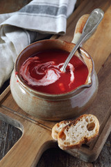 Beetroot cream soup and baguette