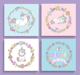 Set of magical unicorns cards with circle frames.