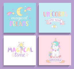 Fototapeta na wymiar Set of magical unicorns cards.