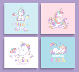 Fototapeta na wymiar Set of magical unicorns greeting cards.