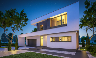 3d rendering of modern house at night
