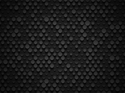 Abstract industrial realistic embossing volume cylinder texture, depressed circles black background, 3d geometric pattern. Round dot cyber backdrop. Digital futuristic techno vector wallpaper