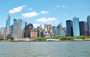 Downtown New York City skyline with the Hudson River in the foreground