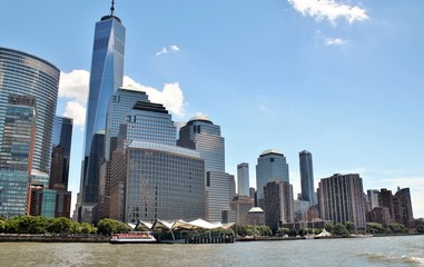 Downtown New York City skyline with the Hudson River in the foreground
