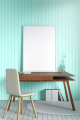 3D Rendering : Illustration of white picture frame mock up on a wooden desk. Mock up white poster interior hipster design. pastel color wooden tile wall. clipping path included