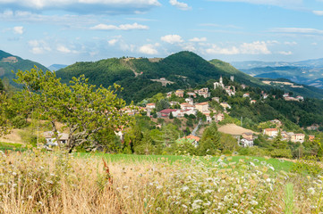Fototapeta na wymiar Small Italian village called Pietracolora surrounded by lush forests and nature on the Apennine Mountains in Emilia Romagna, Bologna, Italy.