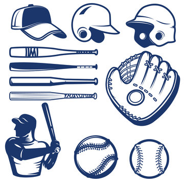 Set of baseball design elements. Baseball beats, balls, glove, hats.