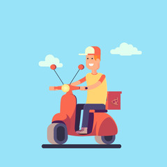 Pizza delivery concept. Delivery man in the bike. Vector flat illustration.