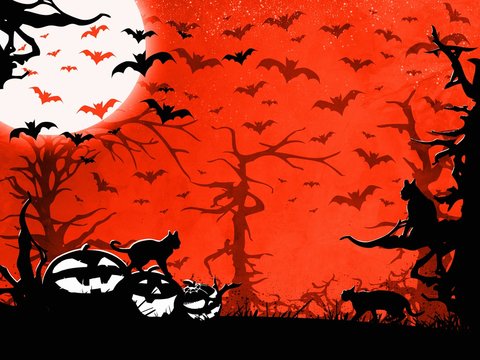 Halloween party red background, trees, bats, cats and pumpkins