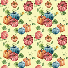 Watercolor pumpkin seamless pattern. Hand painted bright pumpkin ornament with flower, leaves and branch isolated on yellow background. Botanical illustration for design and fabric. Halloween print.