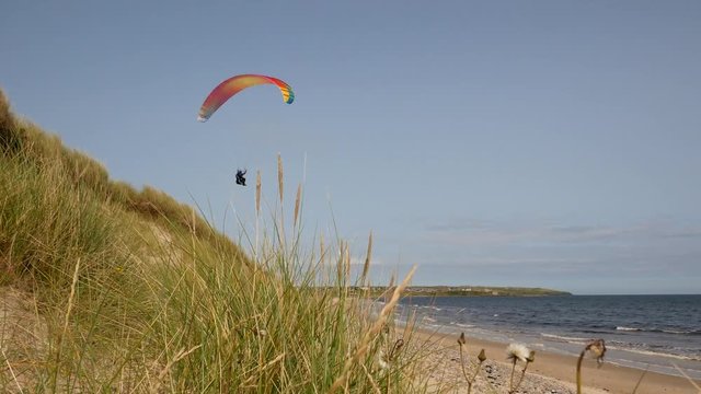 Pilot paraglides on sandy beach