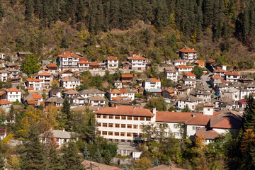 Amazing Panorama of town of Shiroka Laka and Rhodope Mountains, Smolyan Region, Bulgaria
