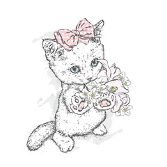 Cute kitten with a bow and a bouquet of flowers. Vector illustration for a postcard or a poster. Beautiful cat. Fashion & Style.