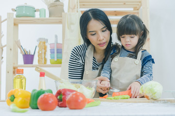 Mother preparing food and teaching her daughter cooking food in the kitchen at home, healthy food, happy family concept