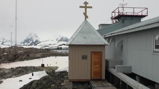 Chapel of Scientific Antarctic Station Academician Vernadsky. Ukrainian Research Center of unique wilderness nature. Extreme tourism cold desert north pole.