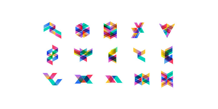 Big Set of minimal geometric multicolor shapes. Trendy hipster icons and logotypes. Business signs symbols, labels, badges, frames and borders