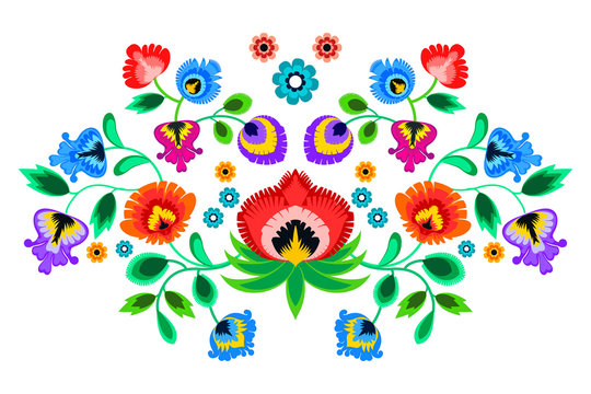 Folk embroidery ornament with flowers. Traditional polish pattern decoration - wycinanka, Wzory Lowickie