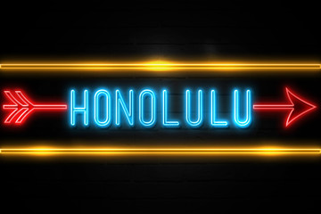 Honolulu - fluorescent Neon Sign on brickwall Front view