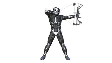 Warrior Archer, futuristic soldier with bow and arrow isolated on white background, 3D illustration