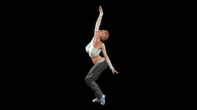 Redhead dancer, short haired girl dancing on black background, 3D illustration