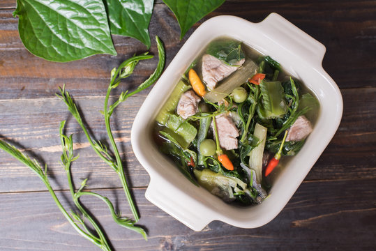 Thai Northern food (Kaeng Khae with pork),curry is made mainly with vegetables and herbs, Main ingredients is Piper sarmentosum leaves,Healthy food