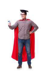 Super hero student graduating wearing mortar board cap isolated 