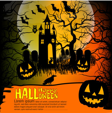 Halloween background with pumpkin, haunted house and full moon. for Halloween party. Vector illustration