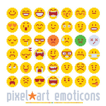 emoticon with various emotions cute faces, pixel art style icons set. colorful vector graphicillustrations isolated on white background.