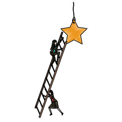 businesswoman climbing wooden stairs to reach a star in pencils colored silhouette