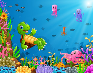 Naklejka na ściany i meble Cartoon turtle and octopus underwater 