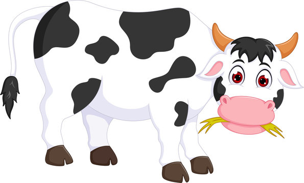Cute cartoon cow eating with standing