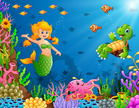 Cartoon mermaid underwater with turtle and octopus