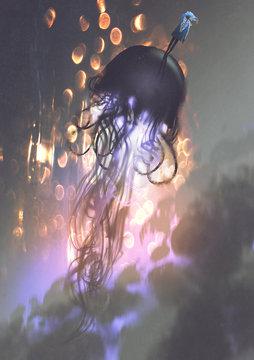 man and big jellyfish floating in the air with glowing light, digital art style, illustration painting