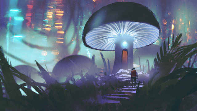 man walking toward the glowing mushroom house forest in forest, digital art style, illustration painting